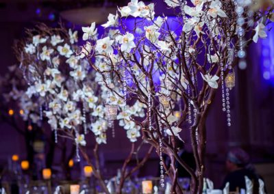 tree centerpiece on a wedding ballroom table