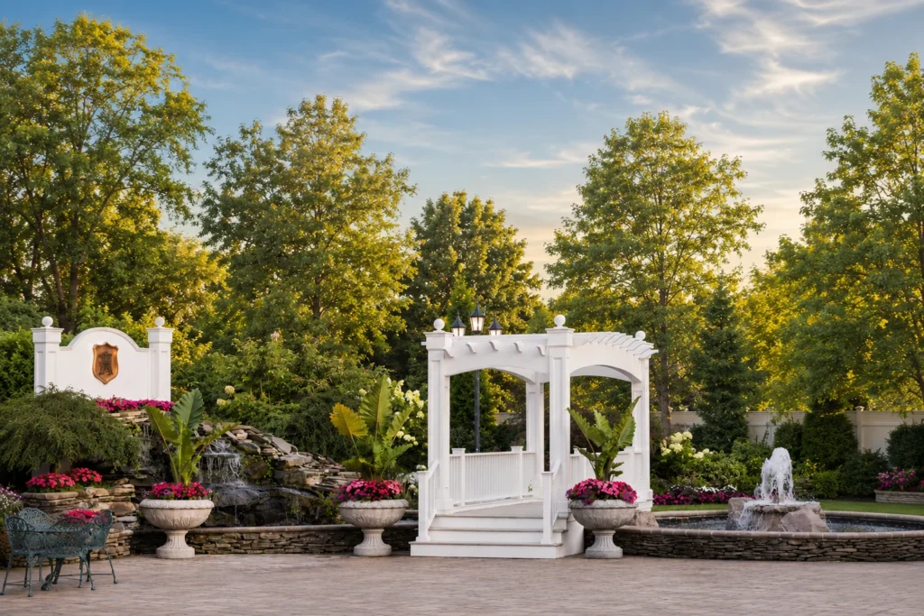 Outdoor wedding ceremony with a white floral arch, aisle seating, and tall trees surrounding the venue.
